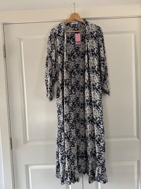 NEW Lg Smash+Tess S+T Violet Maxi Ditsy Floral Wrap Dress Duster, Ruffle Navy
